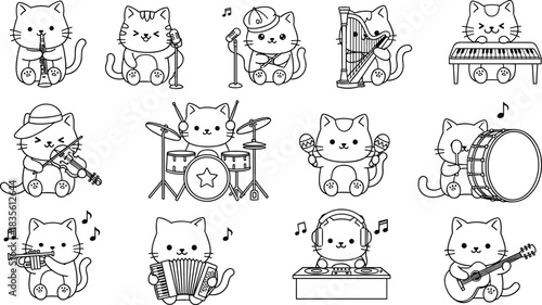 Cartoon cats playing musical instruments, cute band characters, orchestra ensemble icons, fun music theme, flat vector illustration