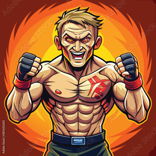 Aggressive muscular fighter with intense expression ready for combat against fiery background