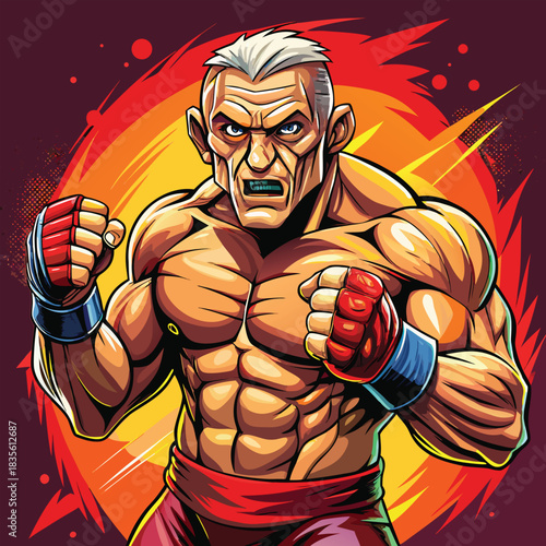 Intense portrait of a muscular older fighter with fierce expression and fiery background