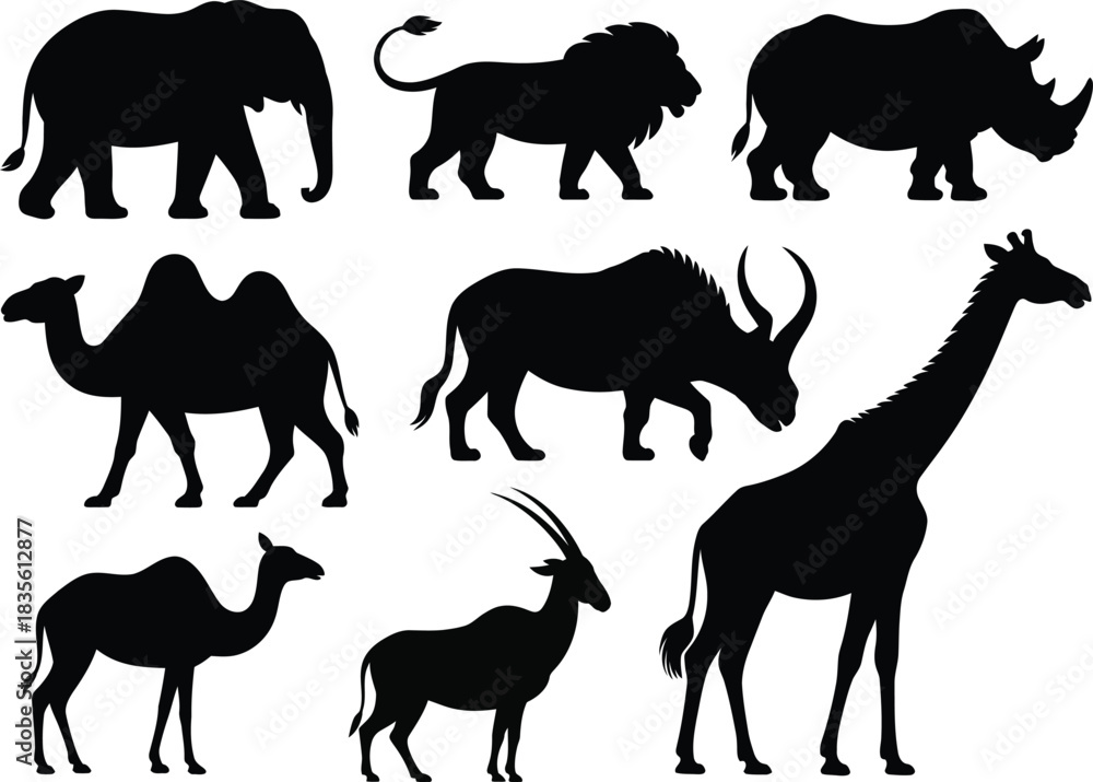 Fototapeta premium African animal silhouettes elephant lion rhino giraffe and more
