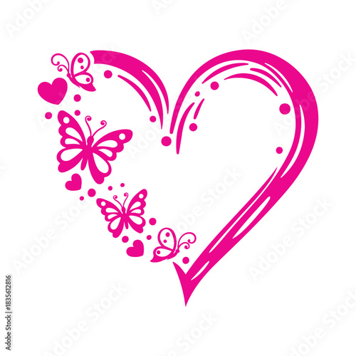 Pink heart with butterflies and hearts