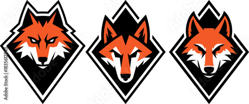 Three stylized orange fox heads in black diamond shapes with white outlines animal