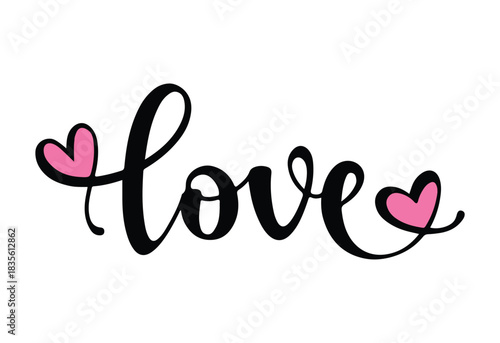 Handwritten love with pink hearts