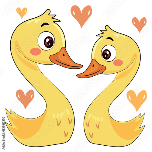 Cute cartoon duck couple with hearts illustration design