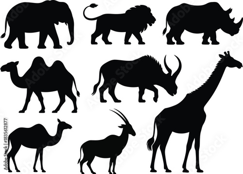 African animal silhouettes elephant lion rhino giraffe and more