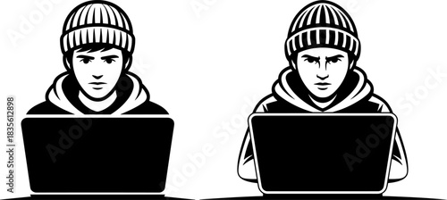 Two black and white graphic illustrations of young men wearing beanies and hoodies using laptops hacker