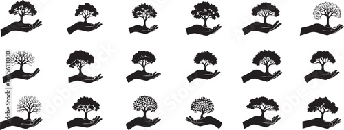 Silhouettes of human hands cradling diverse tree forms, symbolizing environmental care, growth, and the importance of nature conservation for a sustainable future. a conceptual illustration 
