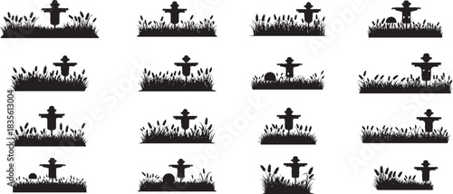Collection of silhouette illustrations featuring traditional scarecrows standing in lush tall grass and reeds, evoking themes of autumn harvest, rural farming, agriculture, nature, and the halloween 