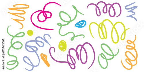 Colorful scribbles evoke childhood creativity. Scribble thin curly brush strokes symbol. vector illustration.
