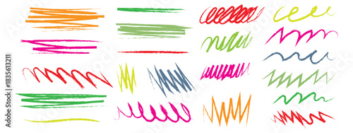 Hand drawn colored bold strokes, swirls and underline shapes. doodle shapes, lines, curls brushstroke symbol. vector illustration.