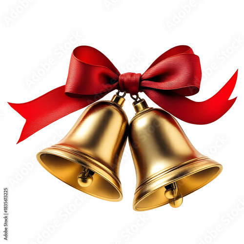 Decorative Christmas bell pair with red ribbon, isolated on transparent background