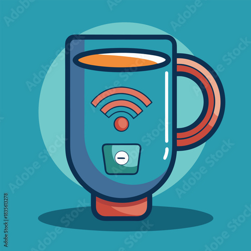 Futuristic smart coffee mug with wi fi symbol and digital display illustrates connectivity