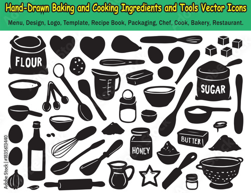 Hand drawn black silhouette icons set of kitchen baking tools and ingredients
