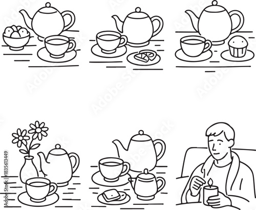 Vintage tea and coffee set with cups, mugs, teapot, and café-style beverage icons