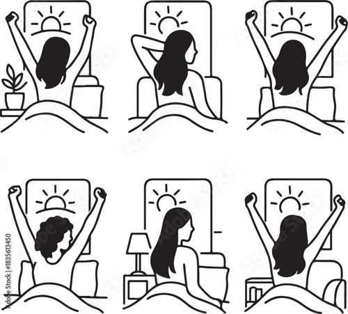 Woman waking up and stretching in bed with sunrise illustration