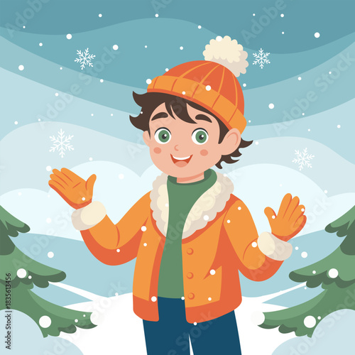 Happy boy enjoying winter snowfall in snowy landscape. 