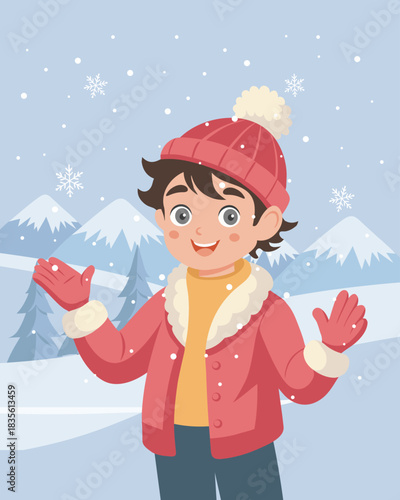 Happy boy enjoying winter snowfall in snowy landscape. Illustration.