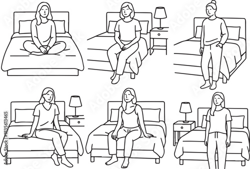 Collection of hand drawn sketches of people in various poses on and around a bed