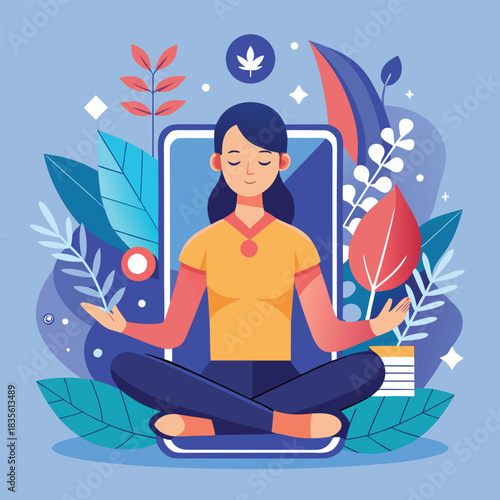 Woman meditating digitally surrounded by nature embracing online wellness and mindfulness practices