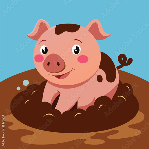 Adorable cartoon piglet happily playing and rolling in a muddy puddle on a farm