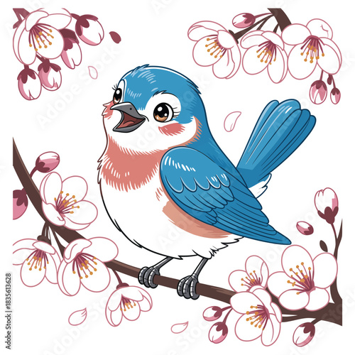 Adorable blue bird sings among pink cherry blossoms