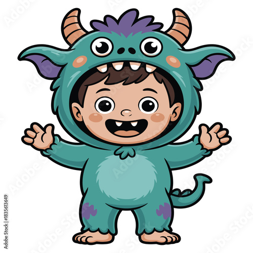 Adorable child wearing a cute green monster costume with horns
