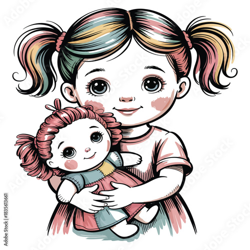 Adorable little girl holding her beloved doll