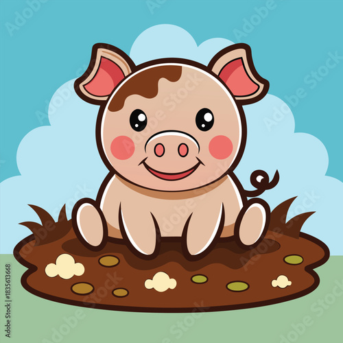 Adorable cartoon piglet sitting happily in a mud puddle under a blue sky
