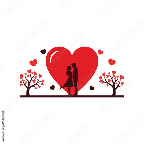 Romantic Couple Silhouette with Heart Trees Valentine Love Illustration