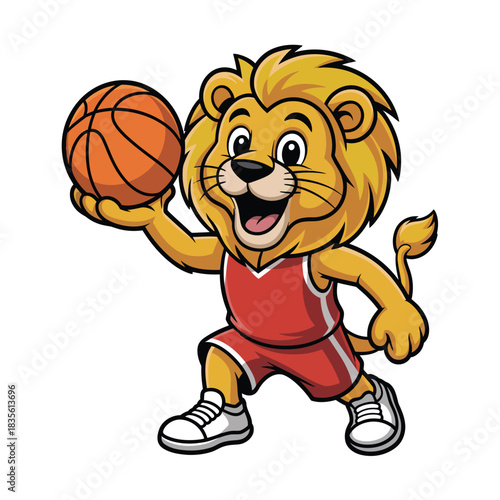 Cartoon lion character playing basketball with enthusiasm