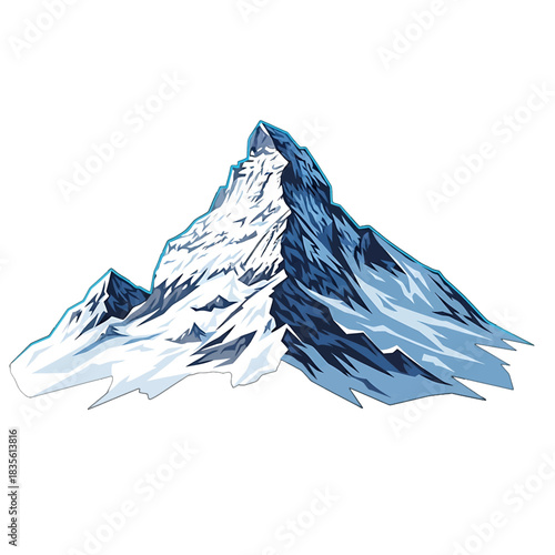 Majestic snow-capped mountain peak with jagged icy ridges and deep blue shadows, rendered in a stylized vector art style, isolated on transparent background.