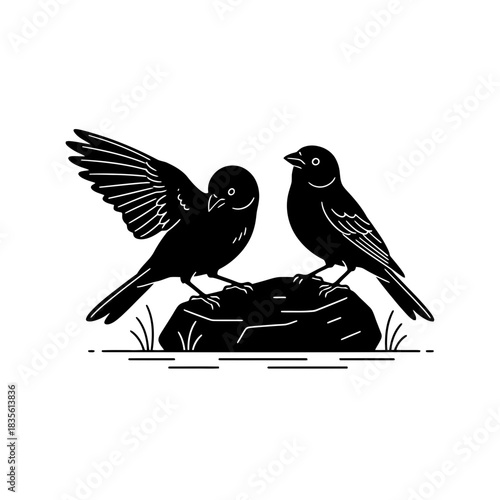 Two yellow canaries preening on a minimalist rock formation svg