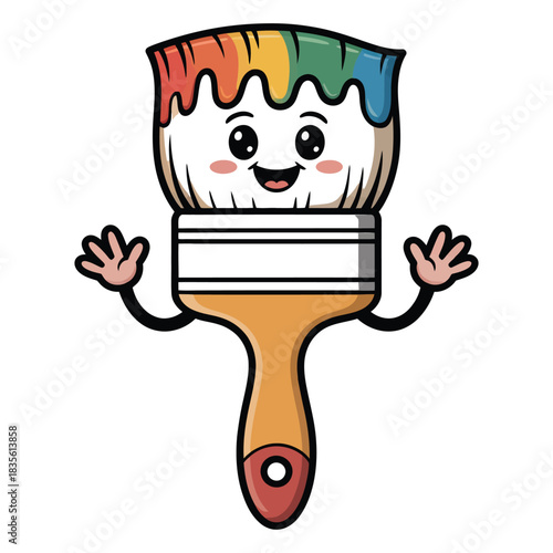 Cute cartoon paintbrush character with rainbow bristles and happy face