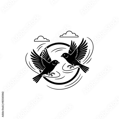 Two minimal canaries flying through yellow hoop on black background