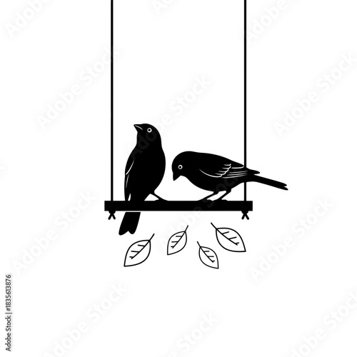 Minimal line art of three canaries perched on a hollow log