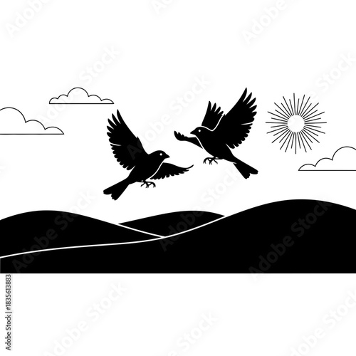 Two flying canaries over simple hills illustration