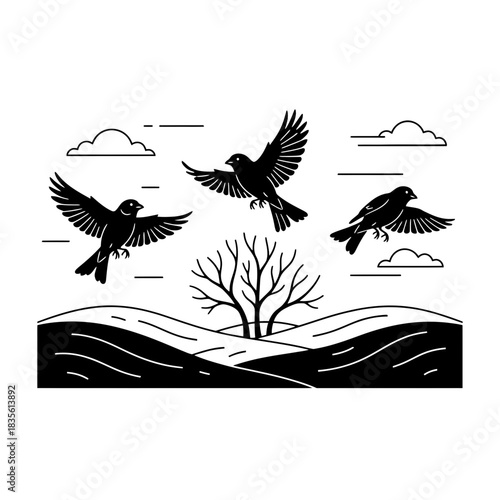 Canaries flock flying from minimalist branches vector illustration