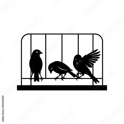 Three canaries drinking from a minimalist bird bath line art