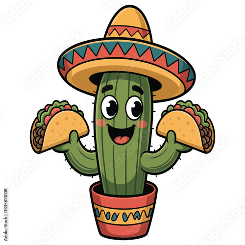 Happy cartoon cactus wearing a sombrero holds two tacos