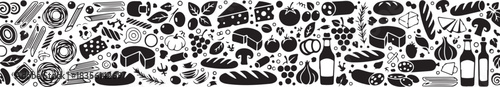 Monochrome seamless ribbon pattern of assorted black Italian food and drink icons
