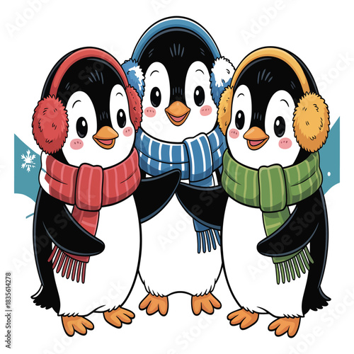 Three adorable penguins wearing scarves and ear muffs