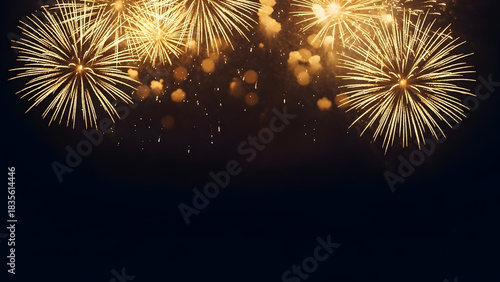Golden fireworks exploding in night sky celebration background