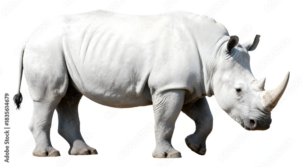 Fototapeta premium Rhino rhinoceros standing side view isolated on white background.
