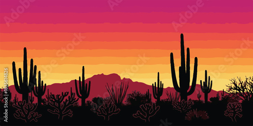 Arizona desert landscape at sunset with saguaro cacti silhouette against an orange and red sky