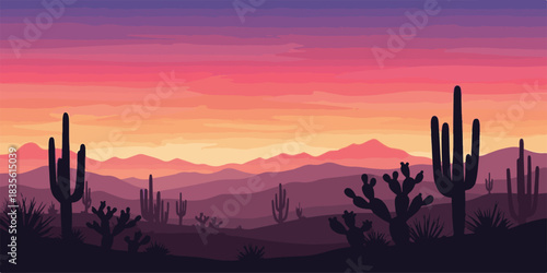Silhouette of a desert cactus under an orange and red sky at sunset with distant mountains and clouds on the horizon