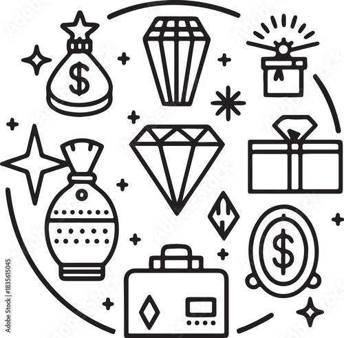A decorative icon set that includes diamonds, gift boxes, stars, and money-related elements, all in a clean black-and-white outline style.