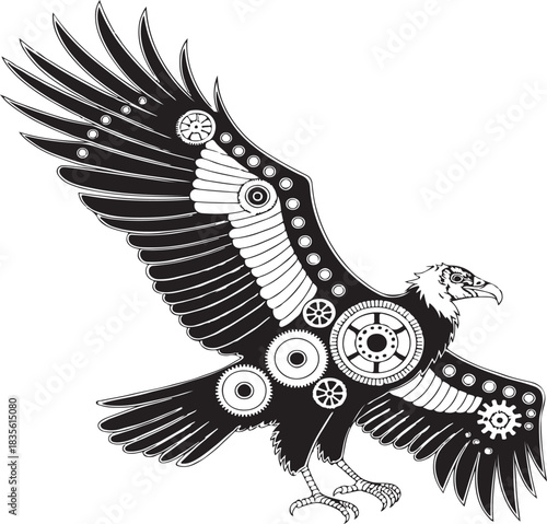 A dynamic illustration of an eagle in mid-flight, designed with numerous gears and mechanical details that give it a steampunk industrial look.