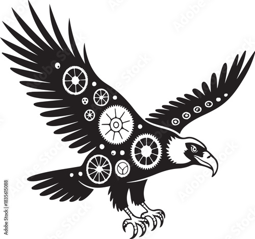 A stylized eagle silhouette filled with mechanical gears and industrial components, blending wildlife with machine-inspired aesthetics.