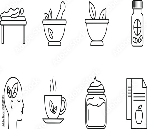 Herbal Medicine and Healthcare Outline Vector Icon Set