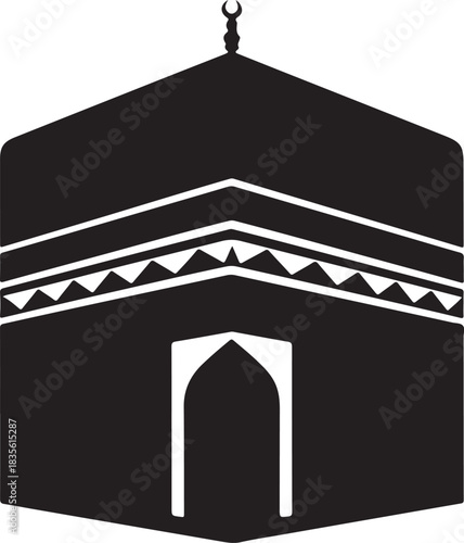 Minimal silhouette style vector Kaaba logo design featuring clean black geometric shapes, elegant Islamic symbolism, simple line art, modern spiritual branding icon ideal for religious organizations, 